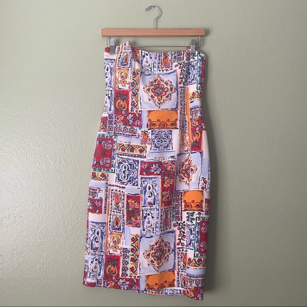 David Meister Strapless Mosaic Print Dress in White, Orange, Red, Blue